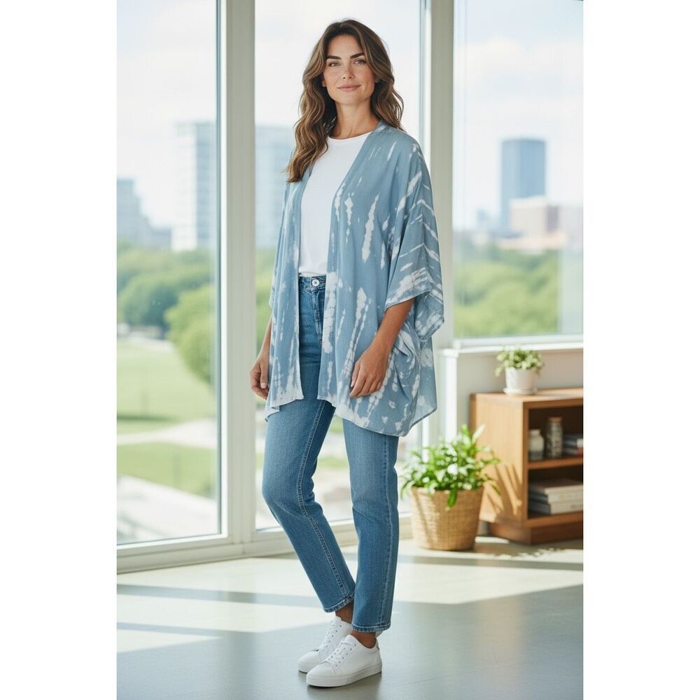 Sim & Sam Blue White Tie Dye Kimono Cardigan L/XL Open Front Boho Beach Cover